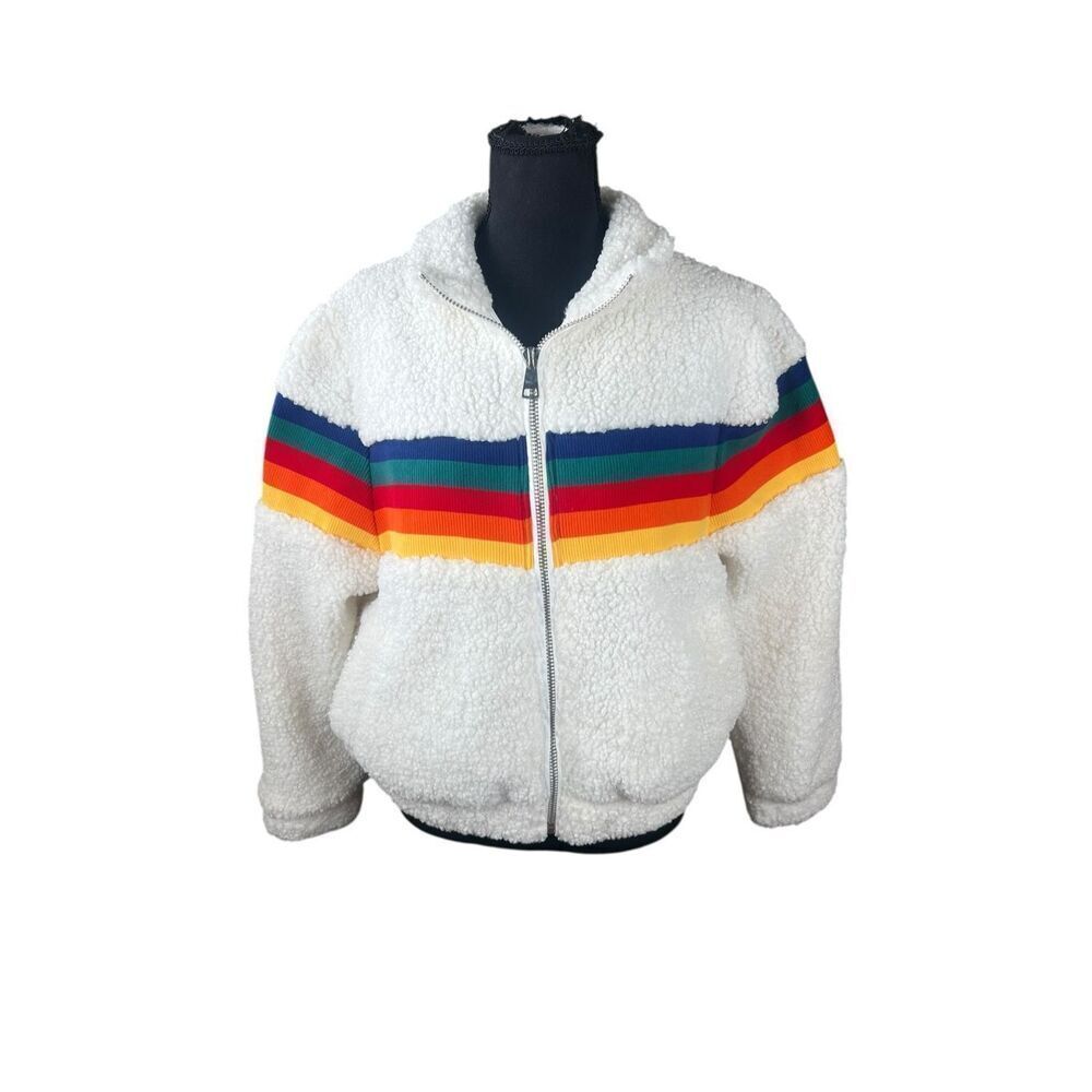 Anthropologie Paper Crane Small Rainbow Sherpa Teddy Jacket rainbow bright pride